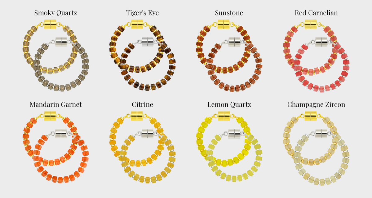 Golden Hour Ombré wine charm set showing each color name: Smoky Quartz, Tiger's Eye, Sunstone, Red Carnelian, Mandarin Garnet, Citrine, Lemon Quartz and Champagne Zircon