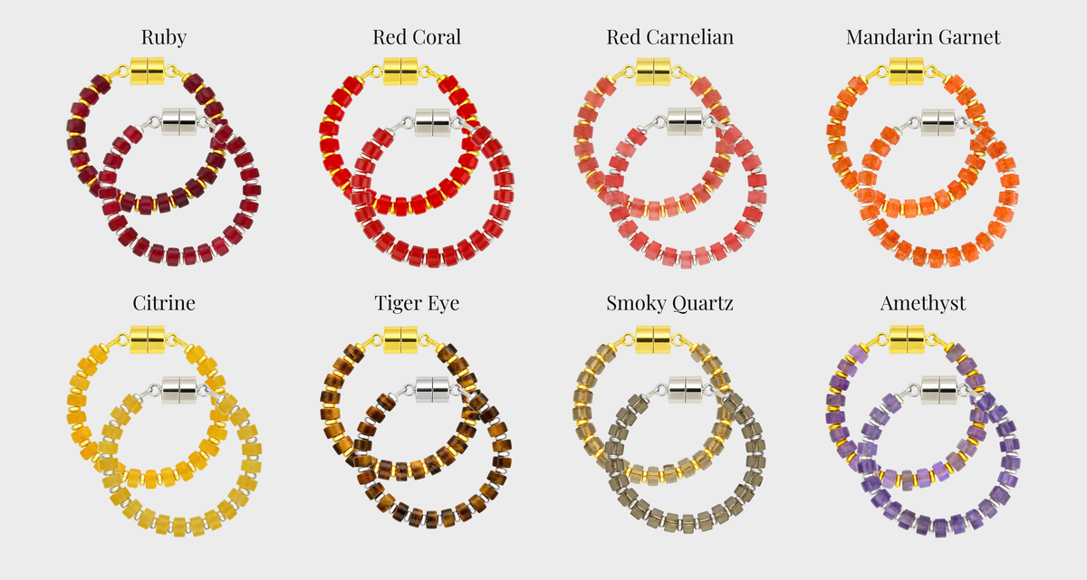 Reserve wine charm set showing each color name: Ruby, Red Coral, Red Carnelian, Mandarin Garnet, Citrine, Tiger Eye, Smoky Quartz and Amethyst