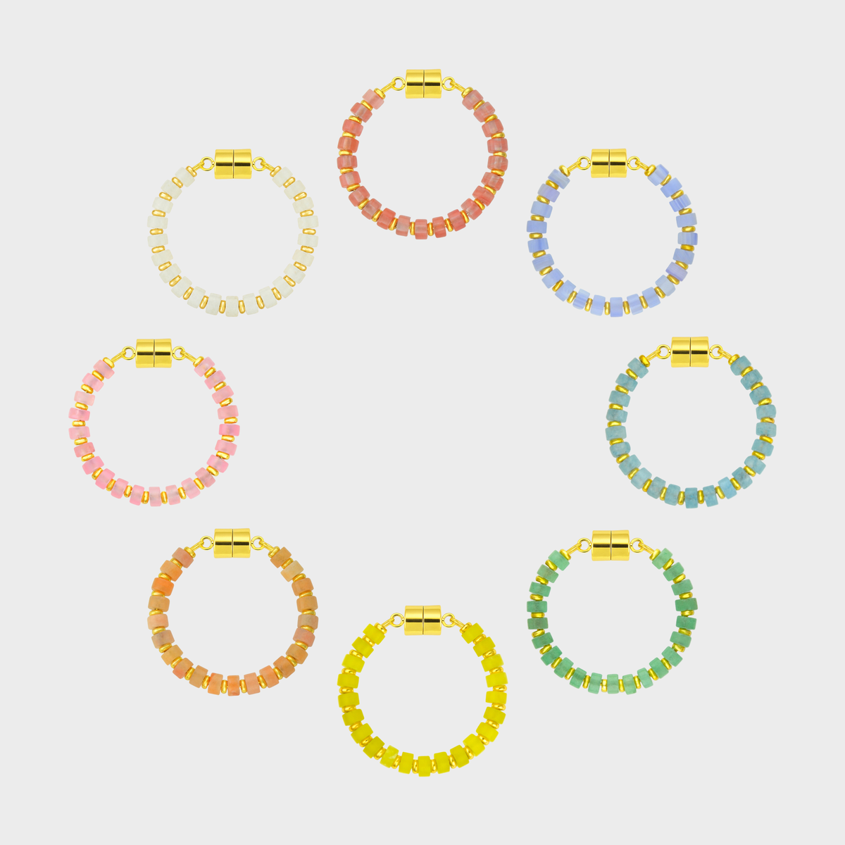Easter Basket set of 8 magnetic wine charms arranged in a circle in Morganite, Blue Lace Agate, Aquamarine, Mint Variscite, Lemon Quartz, Peach Aventurine, Rose Quartz and White Moonstone with gold hardware