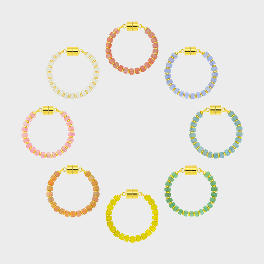 Easter Basket set of 8 magnetic wine charms arranged in a circle in Morganite, Blue Lace Agate, Aquamarine, Mint Variscite, Lemon Quartz, Peach Aventurine, Rose Quartz and White Moonstone with gold hardware