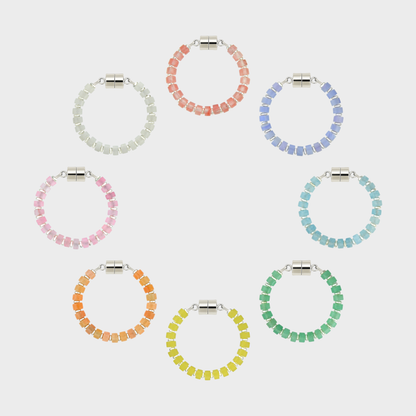 Easter Basket set of 8 magnetic wine charms arranged in a circle in Morganite, Blue Lace Agate, Aquamarine, Mint Variscite, Lemon Quartz, Peach Aventurine, Rose Quartz and White Moonstone with silver hardware