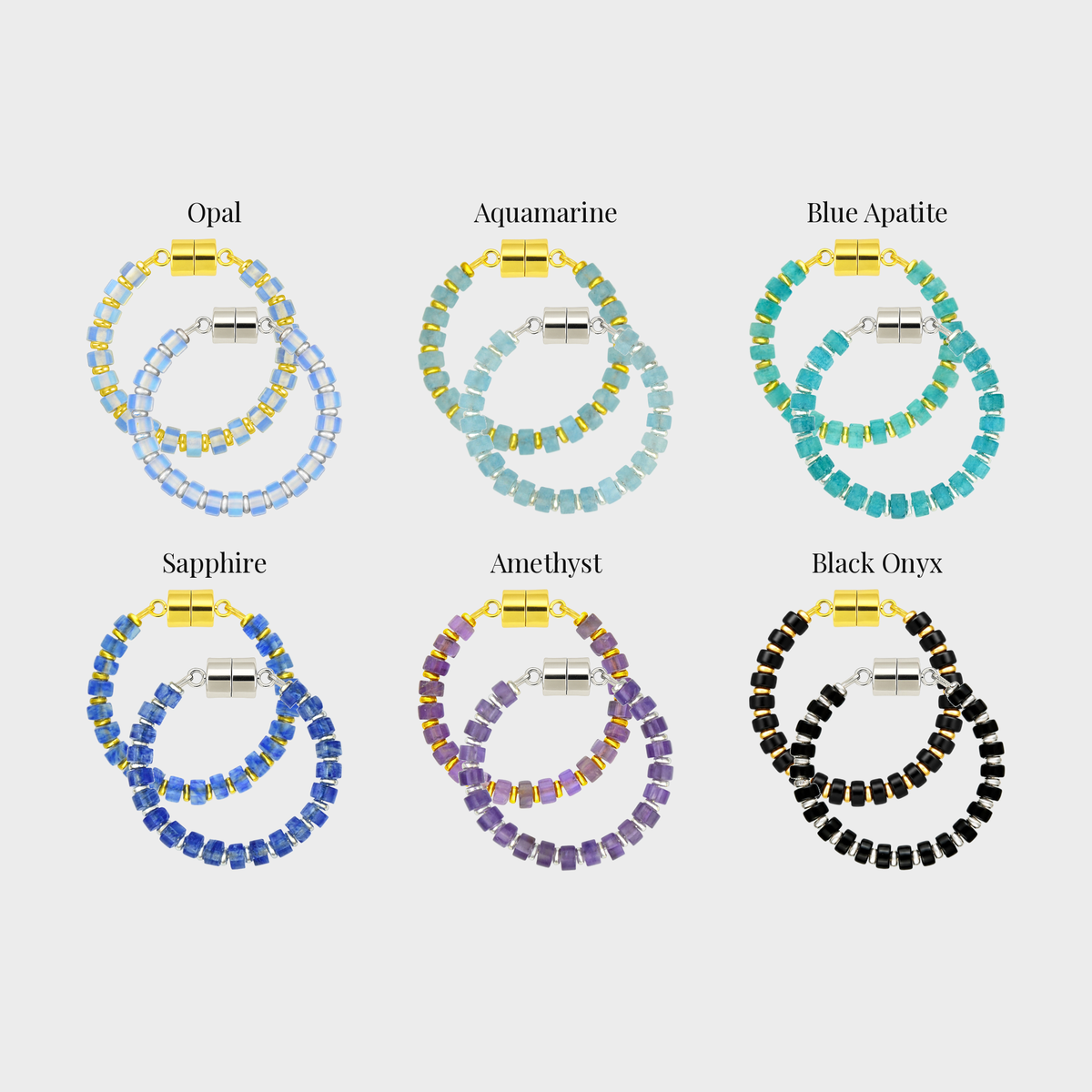 Après-Ski set of 6 magnetic wine charms in gold and silver showing each color name: Opal, Aquamarine, Blue Apatite, Sapphire, Amethyst and Black Onyx