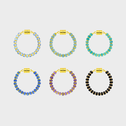 Après-Ski set of 6 magnetic wine charms in Opal, Aquamarine, Blue Apatite, Sapphire, Amethyst and Black Onyx with gold hardware