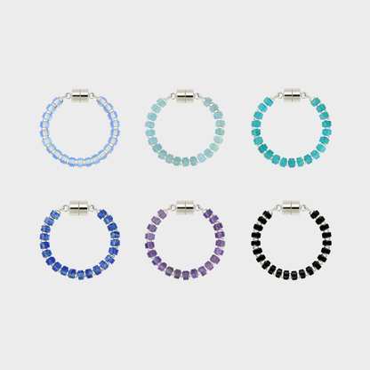 Après-Ski set of 6 magnetic wine charms in Opal, Aquamarine, Blue Apatite, Sapphire, Amethyst and Black Onyx with silver hardware