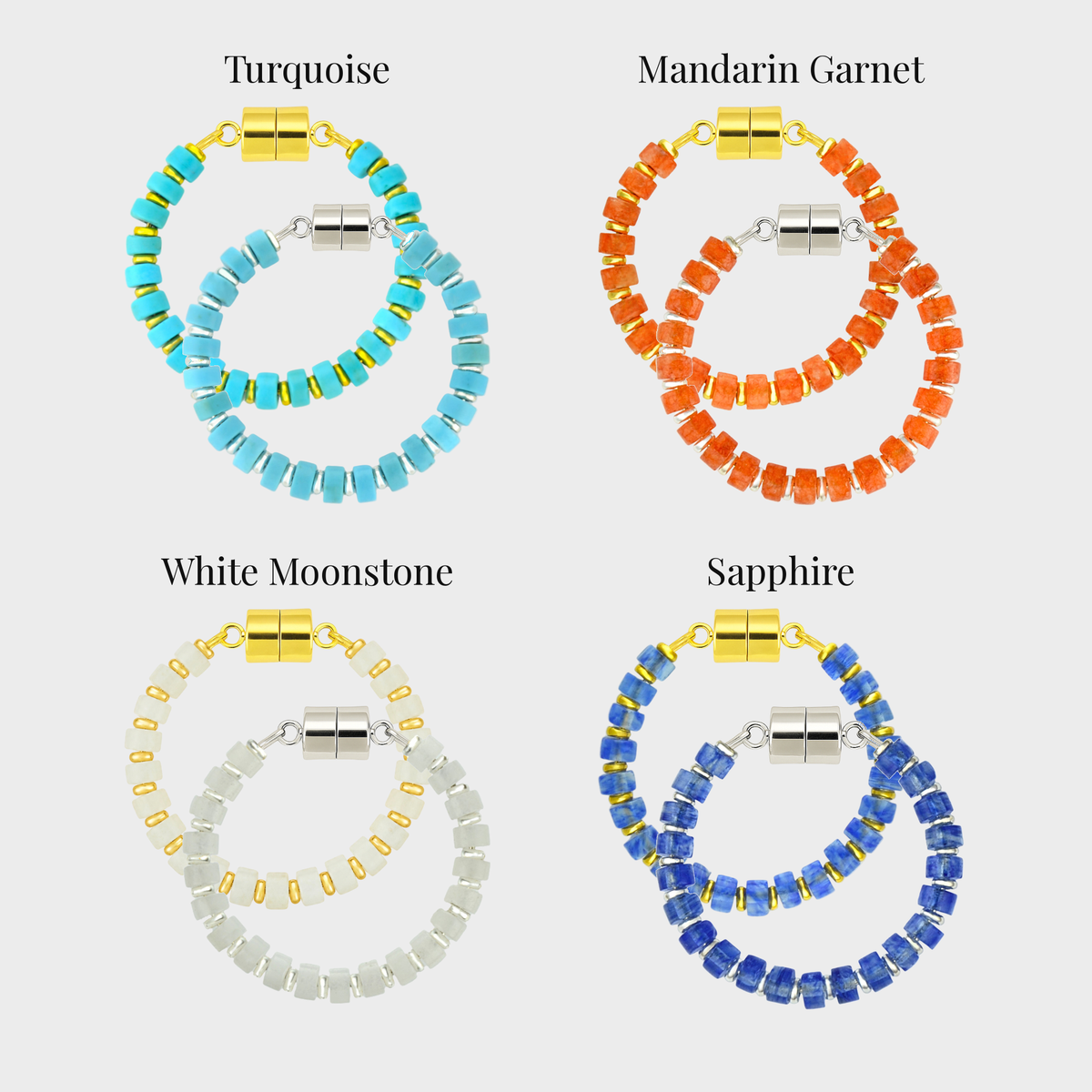 Aqua & Orange wine charm set showing each color name: Turquoise, Mandarin Garnet, White Moonstone and Sapphire