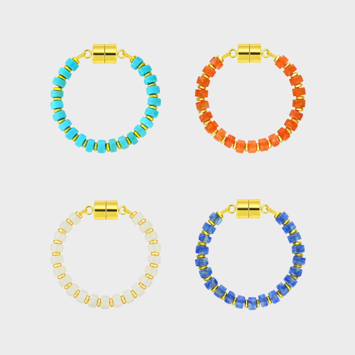 Aqua & Orange set of 4 magnetic wine charms in Turquoise, Mandarin Garnet, White Moonstone and Sapphire with gold hardware