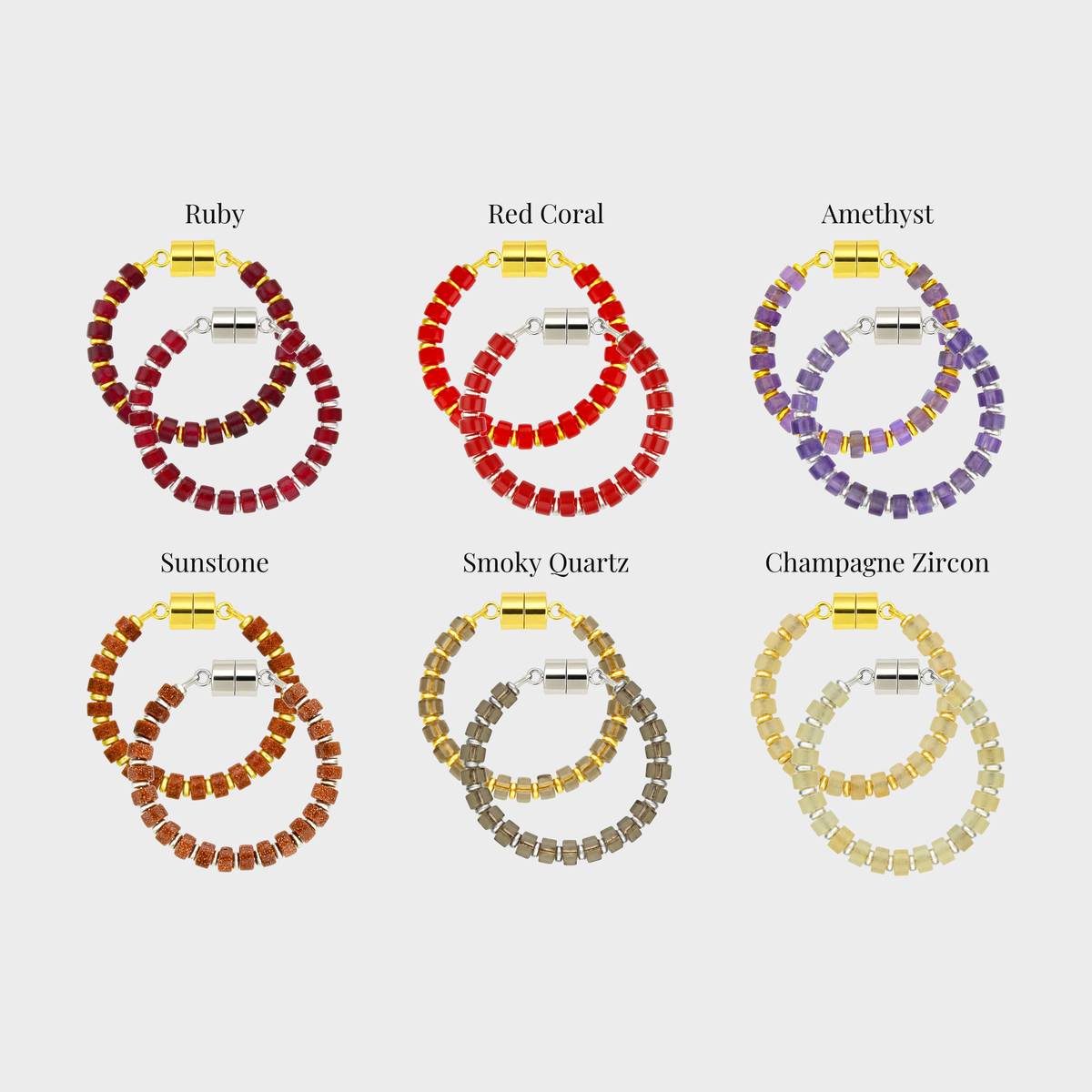 Bordeaux wine charm set showing each color name: Ruby, Red Coral, Amethyst, Sunstone, Smoky Quartz and Champagne Zircon