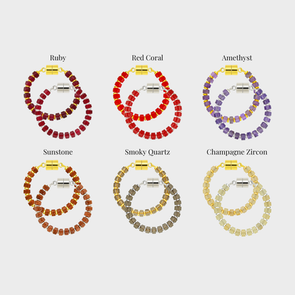 Bordeaux wine charm set showing each color name: Ruby, Red Coral, Amethyst, Sunstone, Smoky Quartz and Champagne Zircon