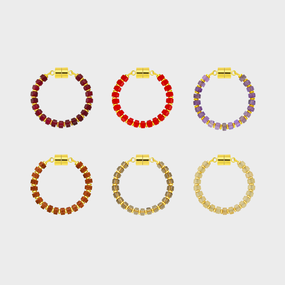 Bordeaux set of 6 magnetic wine charms in Ruby, Red Coral, Amethyst, Sunstone, Smoky Quartz and Champagne Zircon with gold hardware