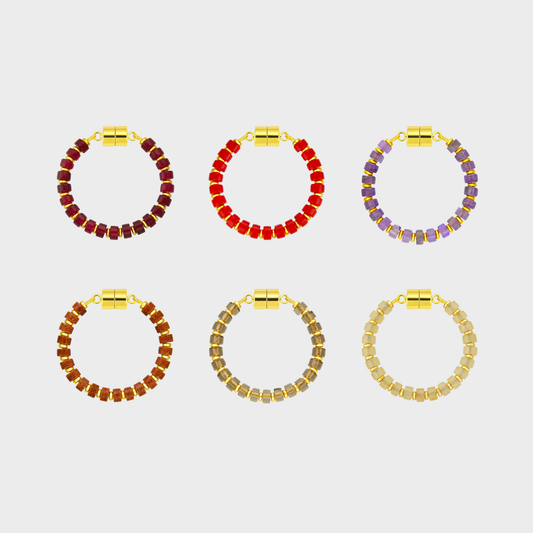 Bordeaux set of 6 magnetic wine charms in Ruby, Red Coral, Amethyst, Sunstone, Smoky Quartz and Champagne Zircon with gold hardware