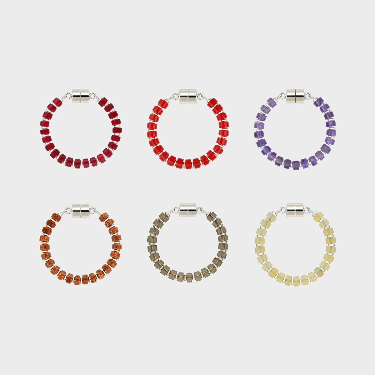 Bordeaux set of 6 magnetic wine charms in Ruby, Red Coral, Amethyst, Sunstone, Smoky Quartz and Champagne Zircon with silver hardware
