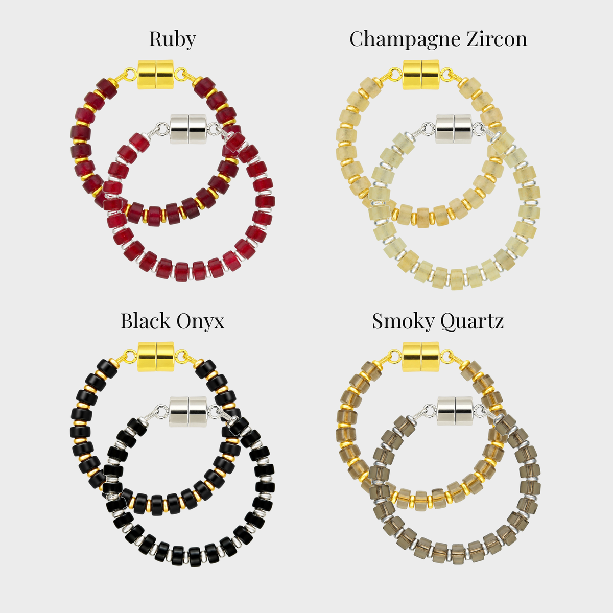 Candlelight wine charm set showing each color name: Ruby, Champagne Zircon, Black Onyx and Smoky Quartz