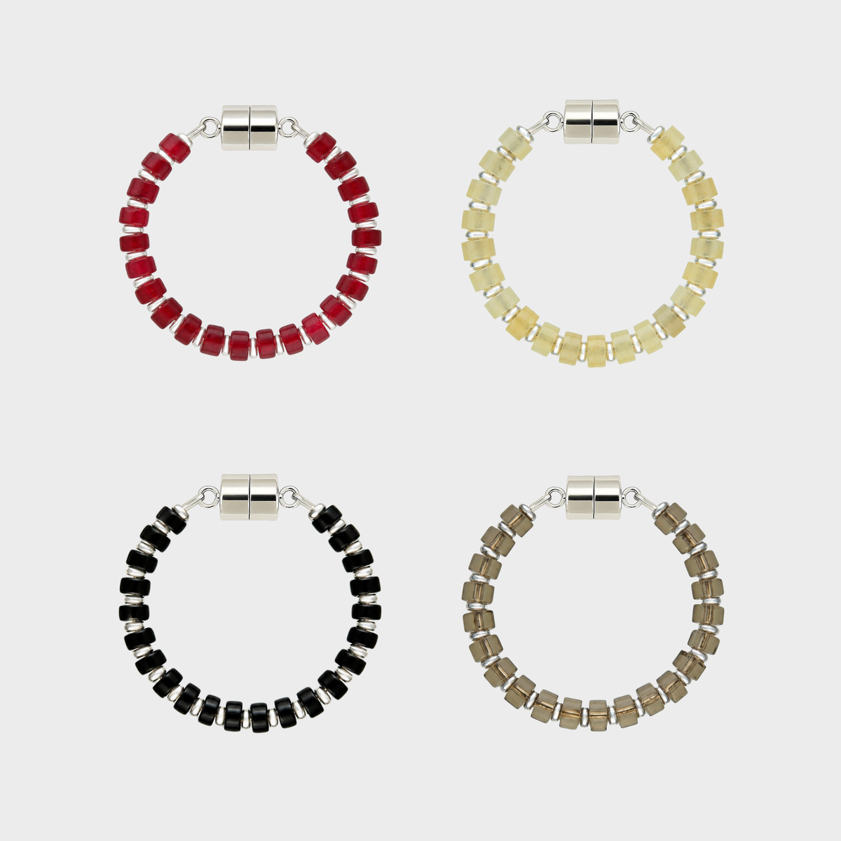 Candlelight set of 4 magnetic wine charms in Ruby, Champagne Zircon, Black Onyx and Smoky Quartz with silver hardware