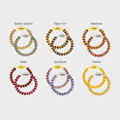 Cask wine charm set showing each color name: Smoky Quartz, Tiger Eye, Sunstone, Ruby, Amethyst and Citrine