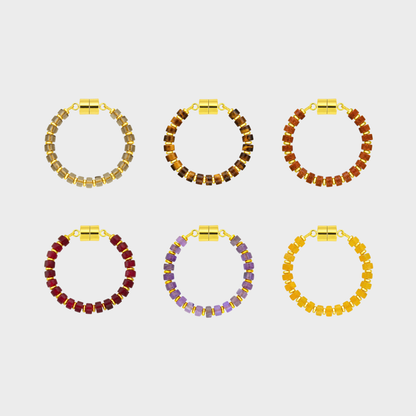 Cask set of 6 magnetic wine charms in Smoky Quartz, Tiger Eye, Sunstone, Ruby, Amethyst and Citrine with gold hardware