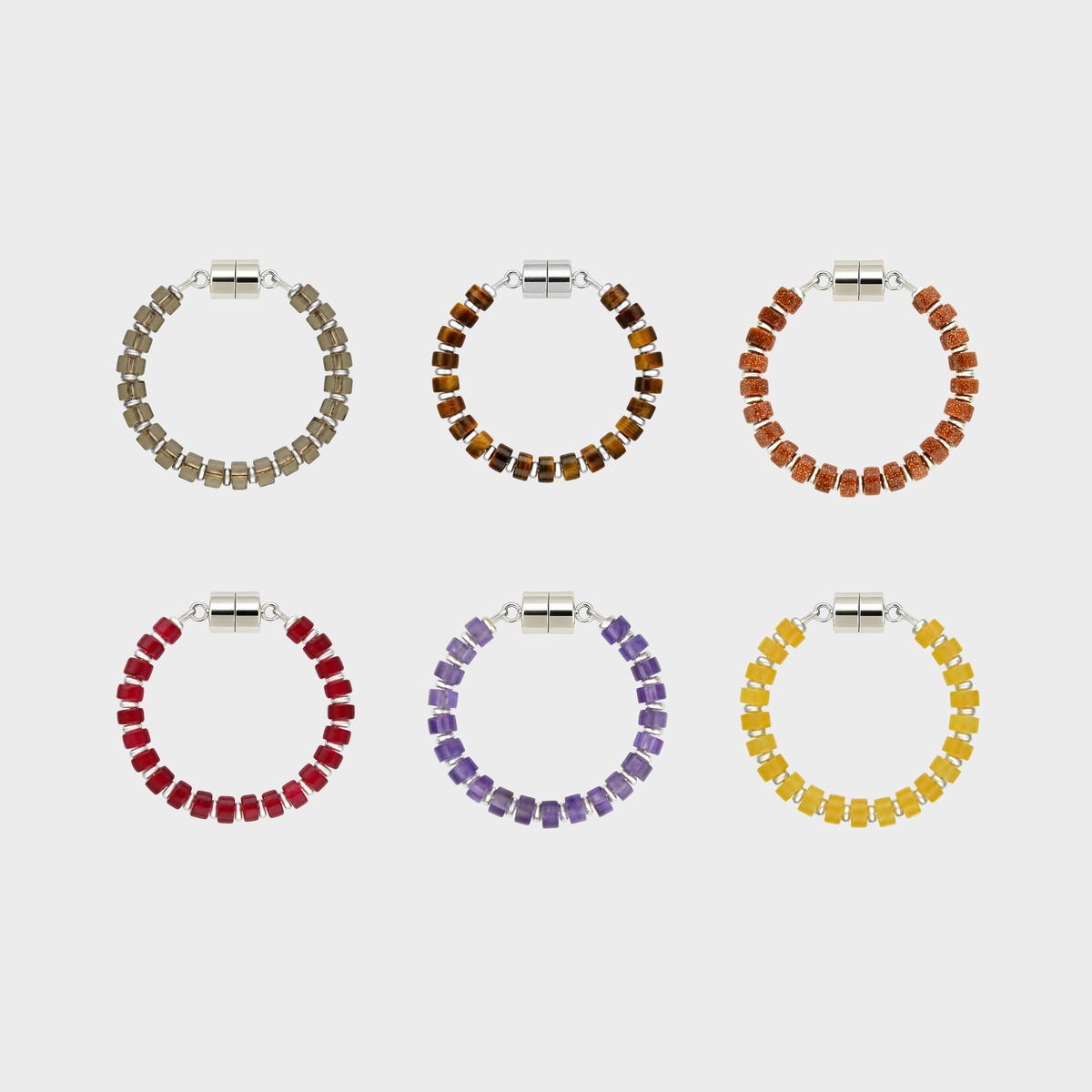 Cask set of 6 magnetic wine charms in Smoky Quartz, Tiger Eye, Sunstone, Ruby, Amethyst and Citrine with silver hardware