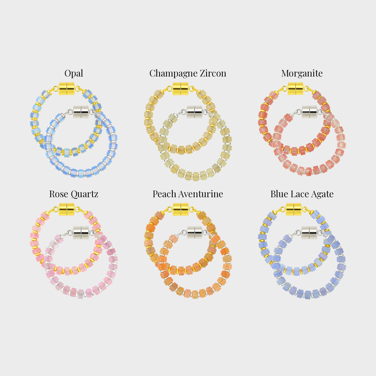 Champagne Toast wine charm set showing each color name: Opal, Champagne Zircon, Morganite, Rose Quartz, Peach Aventurine and Blue Lace Agate