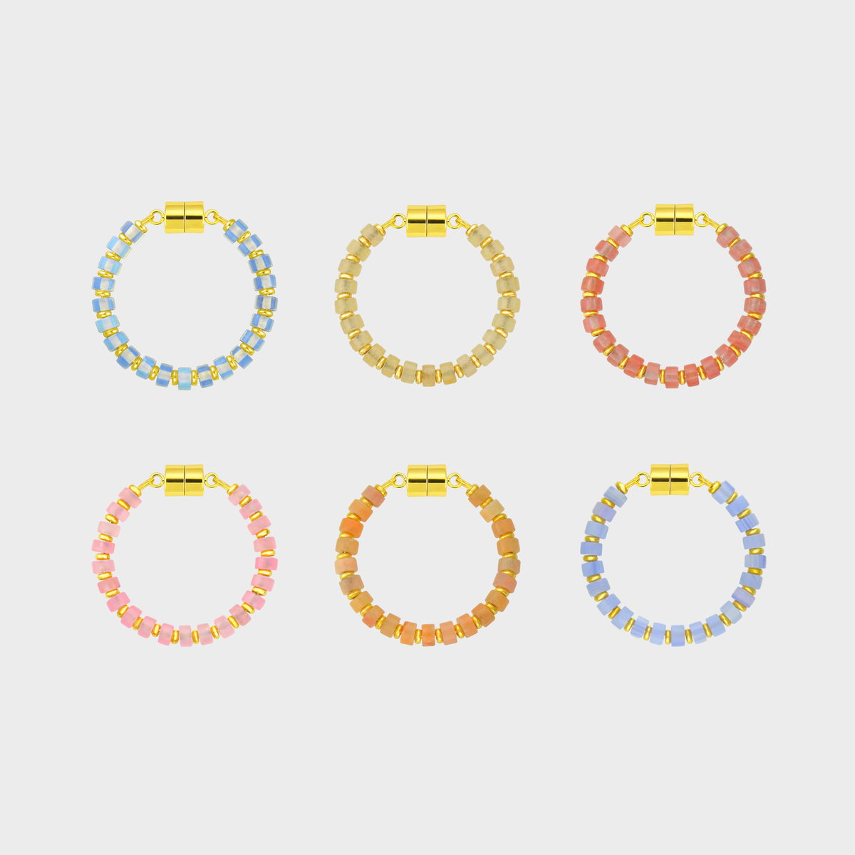 Champagne Toast set of 6 magnetic wine charms in Opal, Champagne Zircon, Morganite, Rose Quartz, Peach Aventurine and Blue Lace Agate with gold hardware