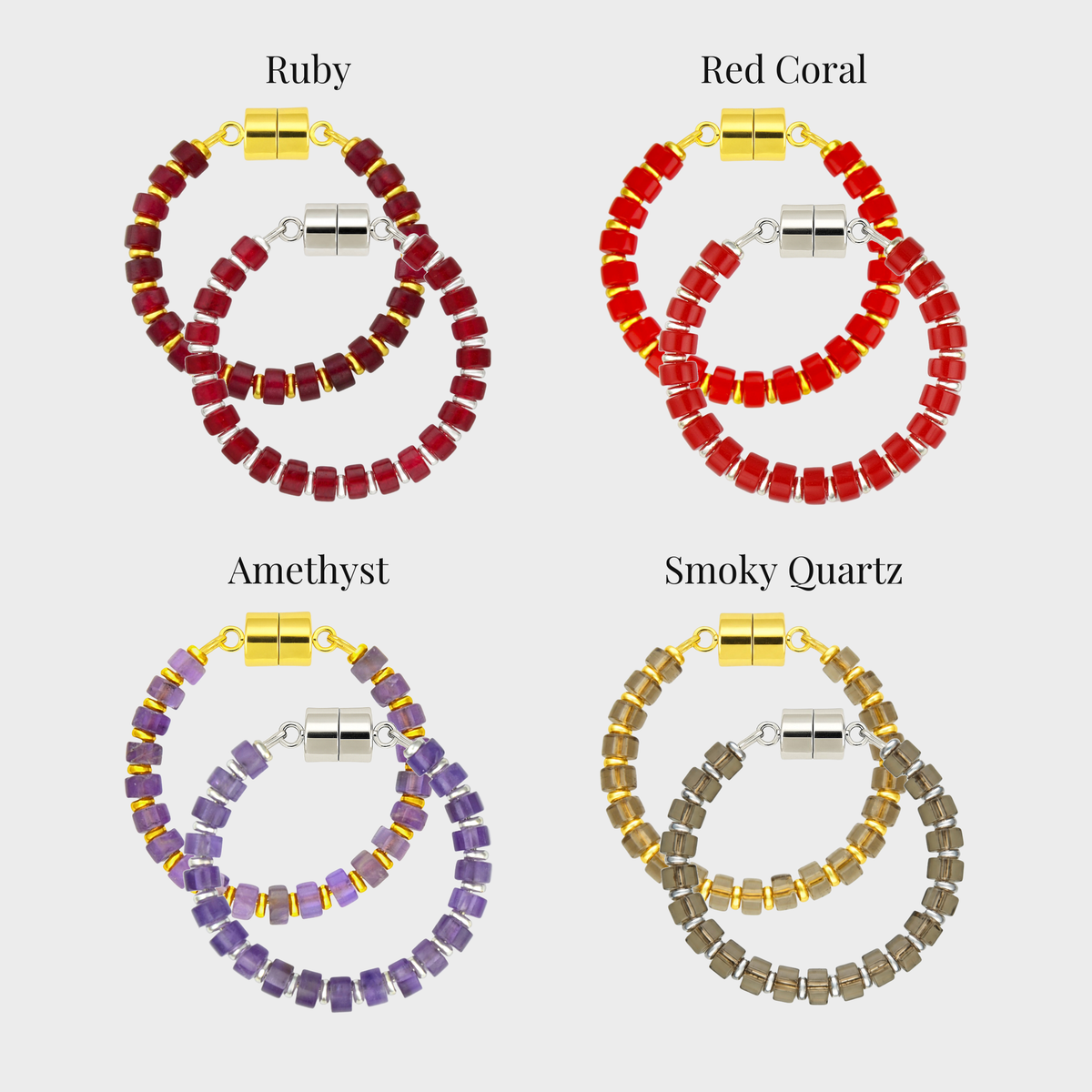 Claret wine charm set showing each color name: Ruby, Red Coral, Amethyst and Smoky Quartz