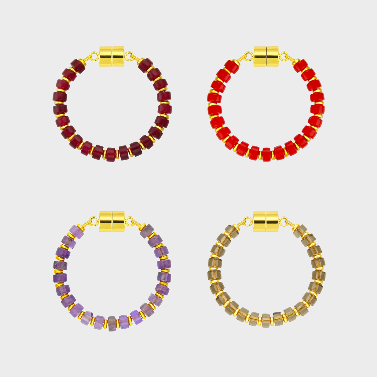Claret set of 4 magnetic wine charms in Ruby, Red Coral, Amethyst and Smoky Quartz with gold hardware