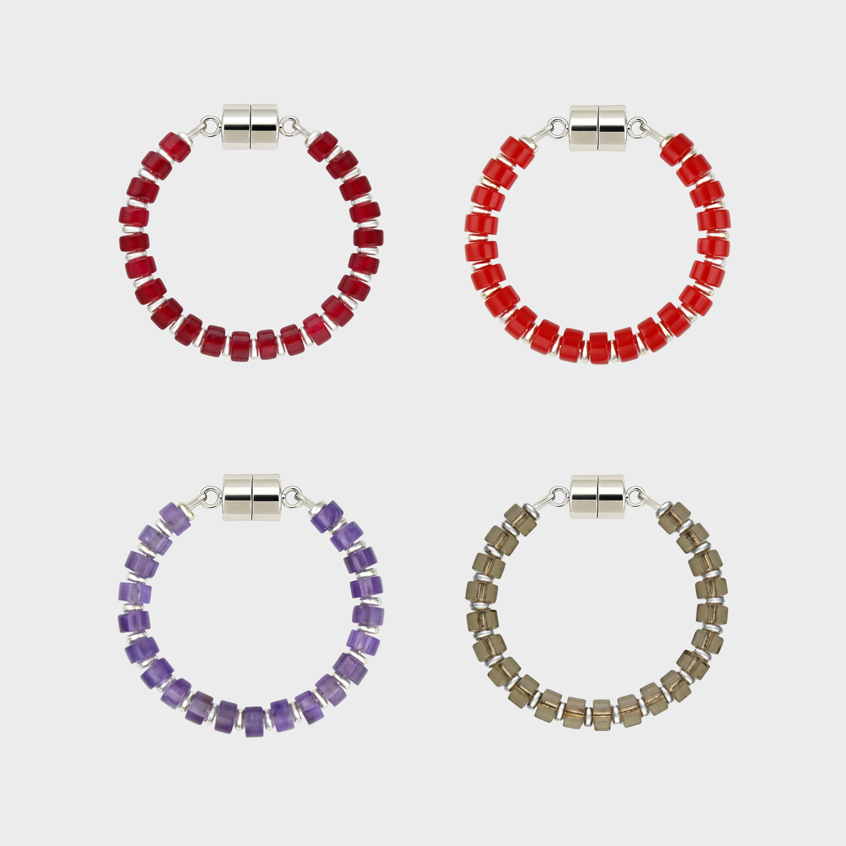 Claret set of 4 magnetic wine charms in Ruby, Red Coral, Amethyst and Smoky Quartz with silver hardware