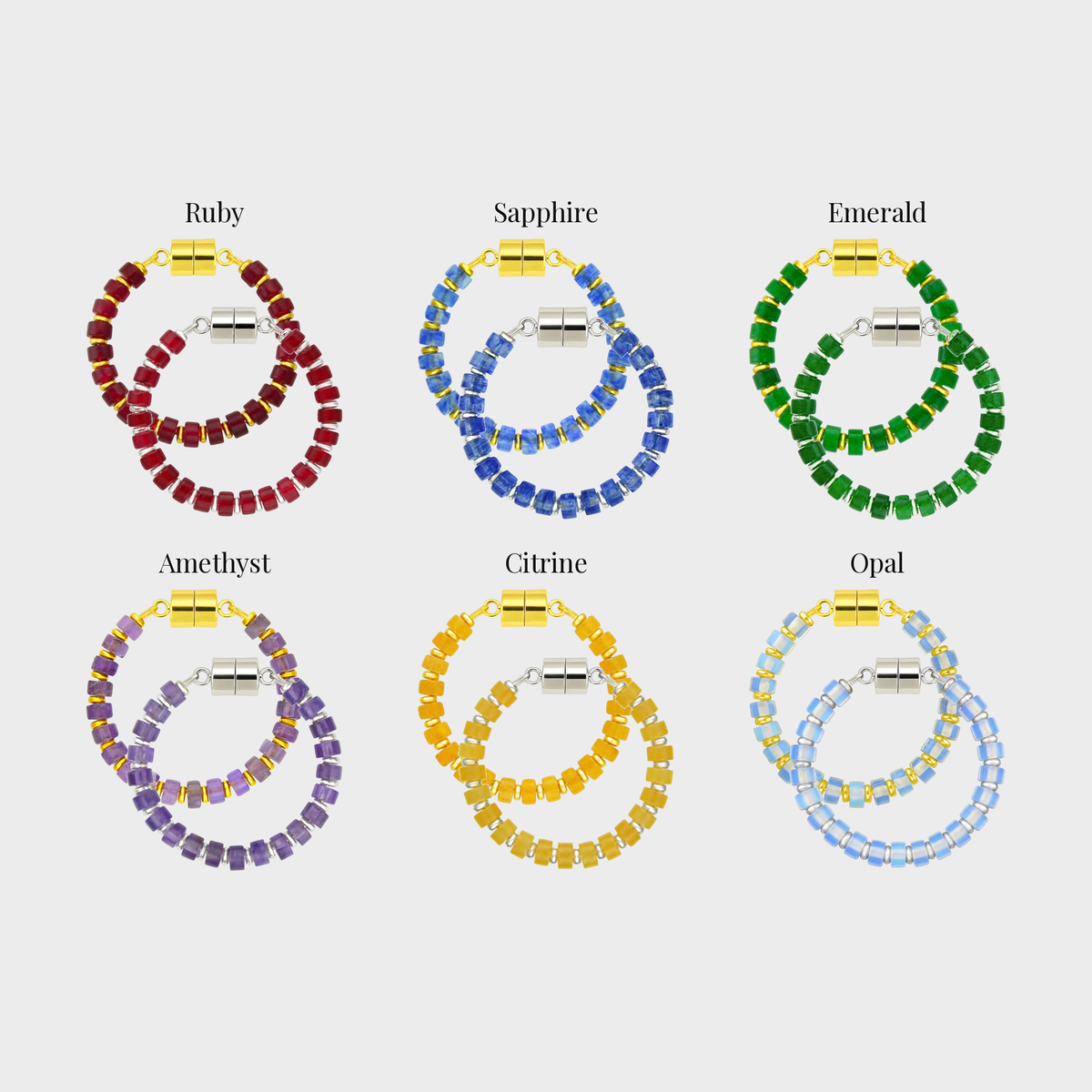 Coronation set of 6 magnetic wine charms in gold and silver showing each color name: Ruby, Sapphire, Emerald, Amethyst, Citrine and Opal