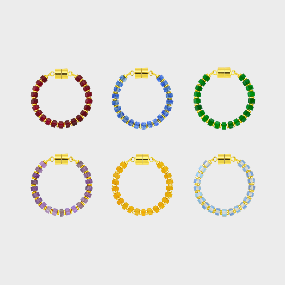 Coronation set of 6 magnetic wine charms in Ruby, Sapphire, Emerald, Amethyst, Citrine and Opal with gold hardware