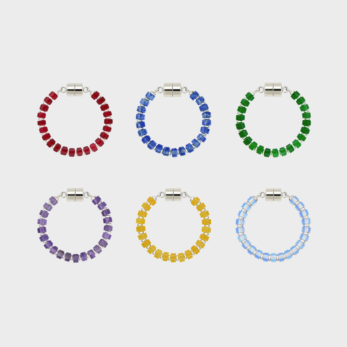 Coronation set of 6 magnetic wine charms in Ruby, Sapphire, Emerald, Amethyst, Citrine and Opal with silver hardware