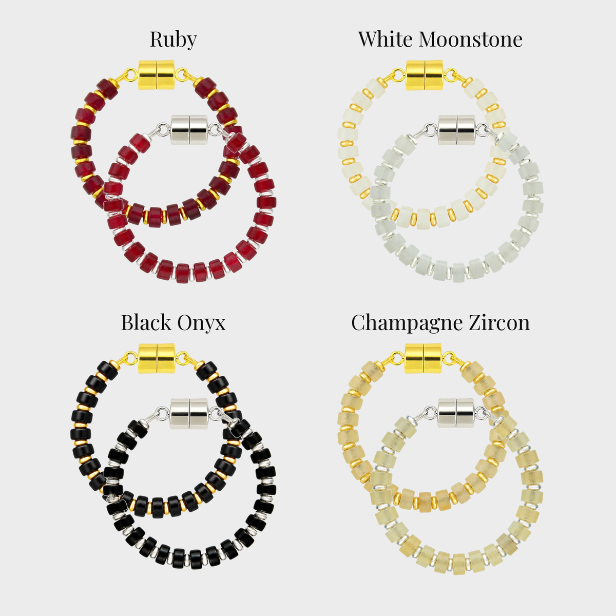 Crimson & White wine charm set showing each color name: Ruby, White Moonstone, Black Onyx and Champagne Zircon