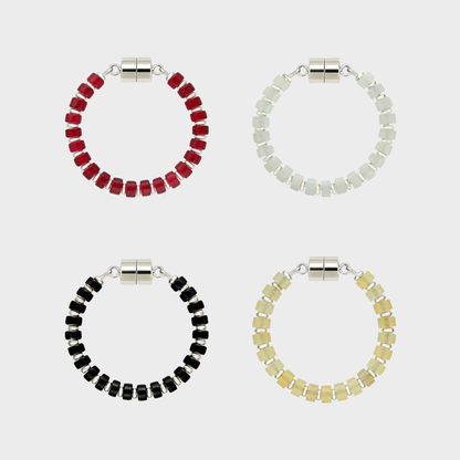 Crimson & White set of 4 magnetic wine charms in Ruby, White Moonstone, Black Onyx and Champagne Zircon with silver hardware