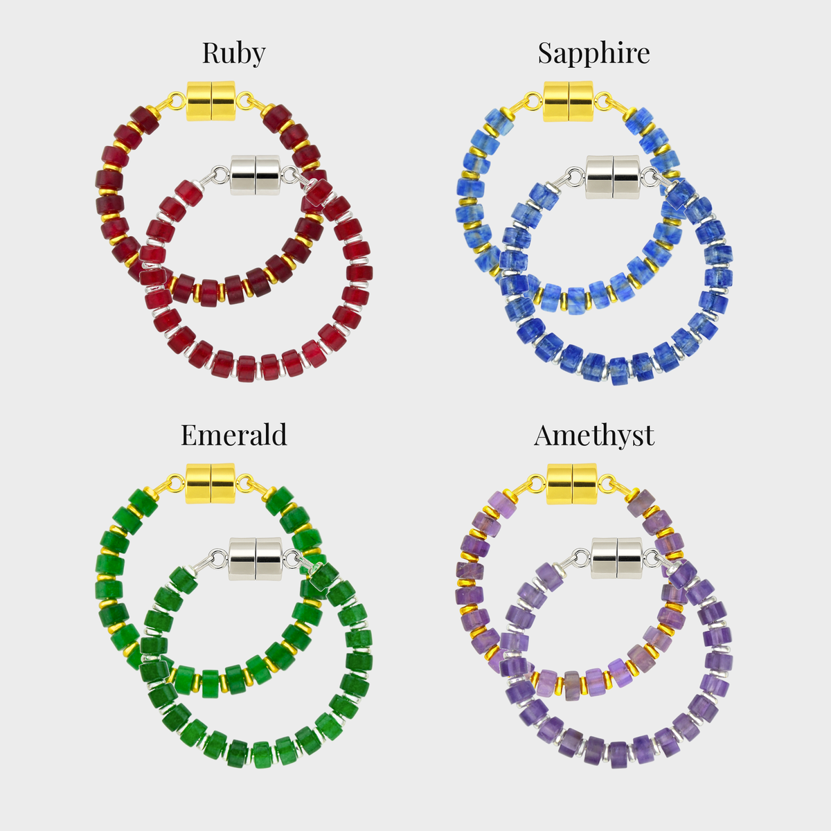 Crown Jewels set of 4 magnetic wine charms in gold and silver showing each color name: Ruby, Sapphire, Emerald and Amethyst