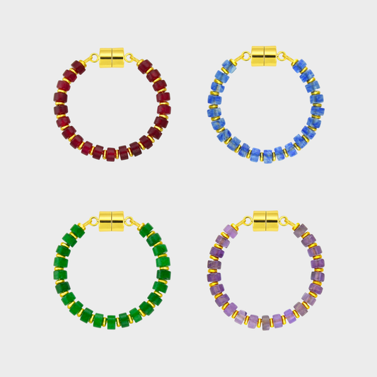 Crown Jewels set of 4 magnetic wine charms in Ruby, Sapphire, Emerald and Amethyst with gold hardware