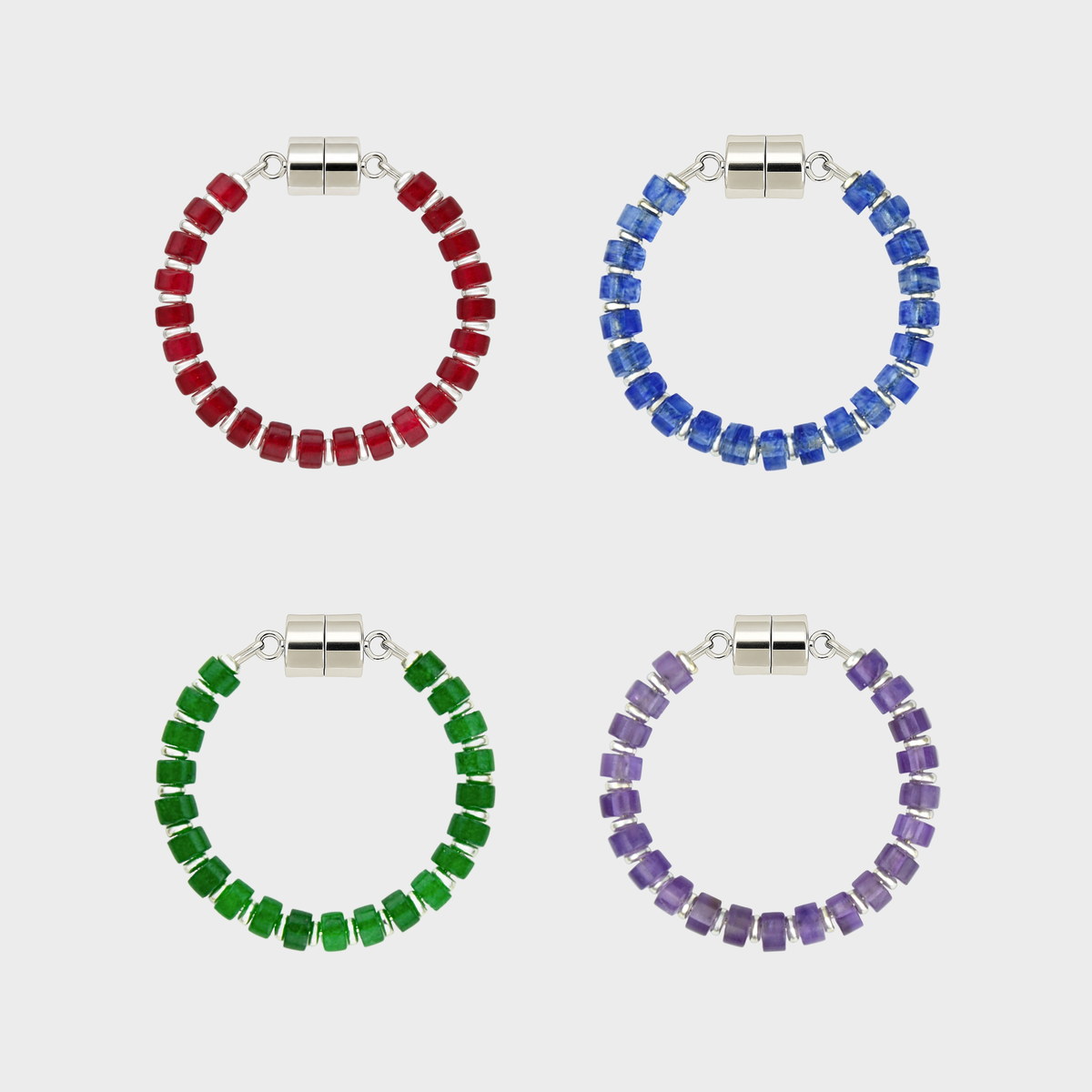 Crown Jewels set of 4 magnetic wine charms in Ruby, Sapphire, Emerald and Amethyst with silver hardware