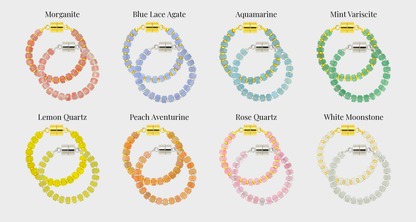 Easter Basket set of 8 magnetic wine charms in gold and silver showing each color name: Morganite, Blue Lace Agate, Aquamarine, Mint Variscite, Lemon Quartz, Peach Aventurine, Rose Quartz and White Moonstone