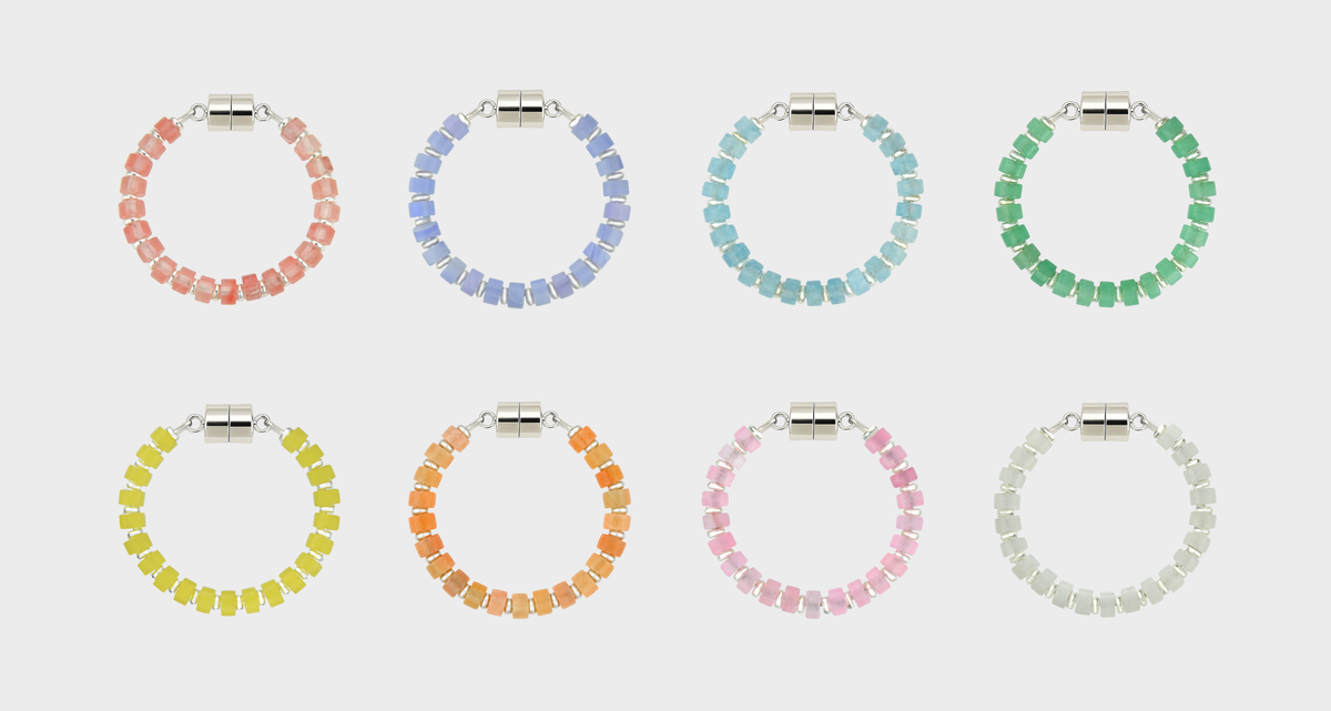 Easter Basket set of 8 magnetic wine charms in Morganite, Blue Lace Agate, Aquamarine, Mint Variscite, Lemon Quartz, Peach Aventurine, Rose Quartz and White Moonstone with silver hardware