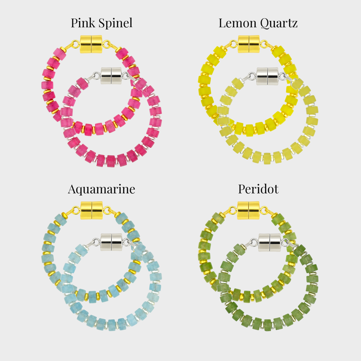 Egg Hunt set of 4 magnetic wine charms in gold and silver showing each color name: Pink Spinel, Lemon Quartz, Aquamarine and Peridot