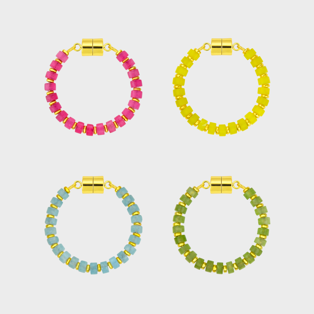 Egg Hunt set of 4 magnetic wine charms in Pink Spinel, Lemon Quartz, Aquamarine and Peridot with gold hardware