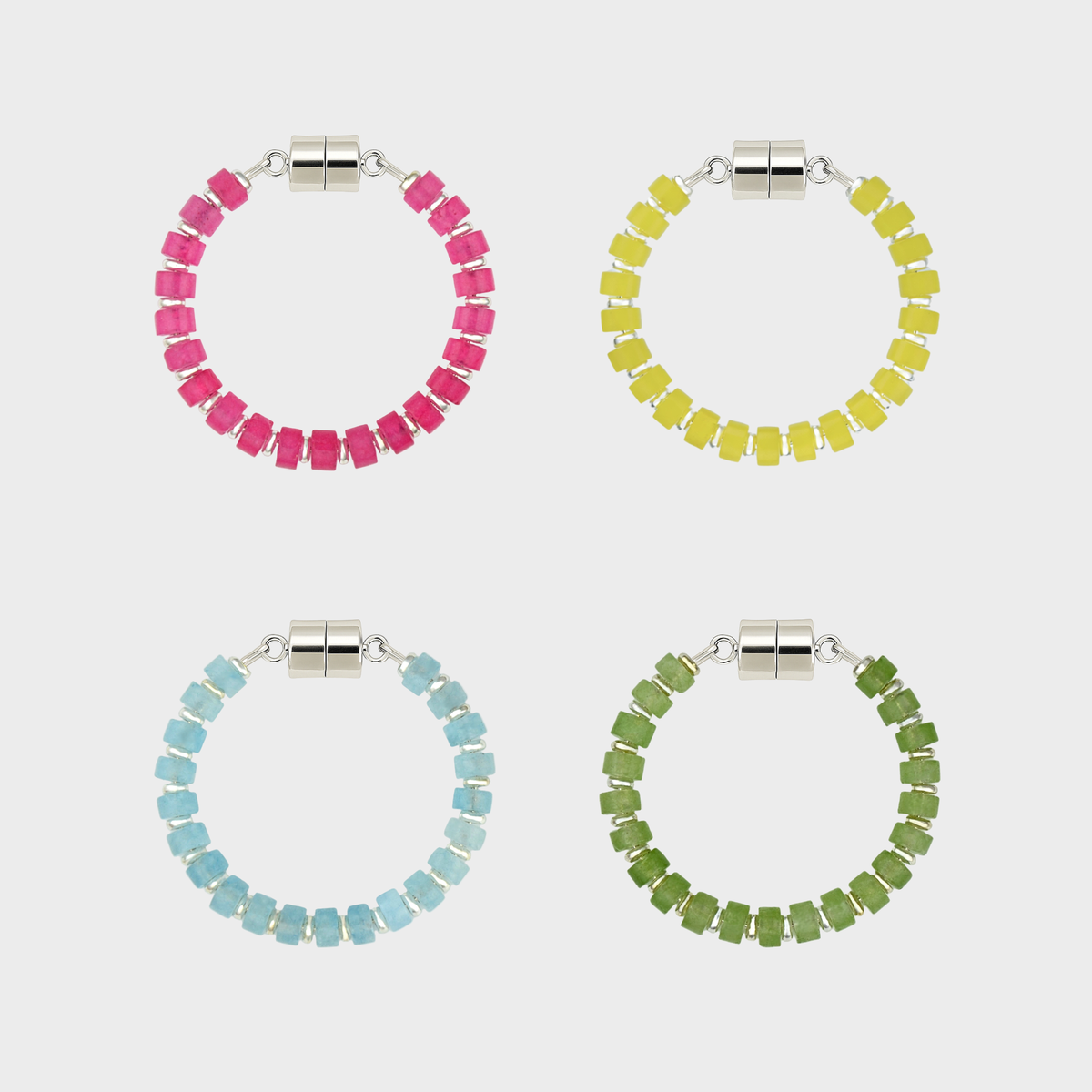 Egg Hunt set of 4 magnetic wine charms in Pink Spinel, Lemon Quartz, Aquamarine and Peridot with silver hardware