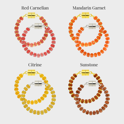Ember wine charm set showing each color name: Red Carnelian, Mandarin Garnet, Citrine and Sunstone
