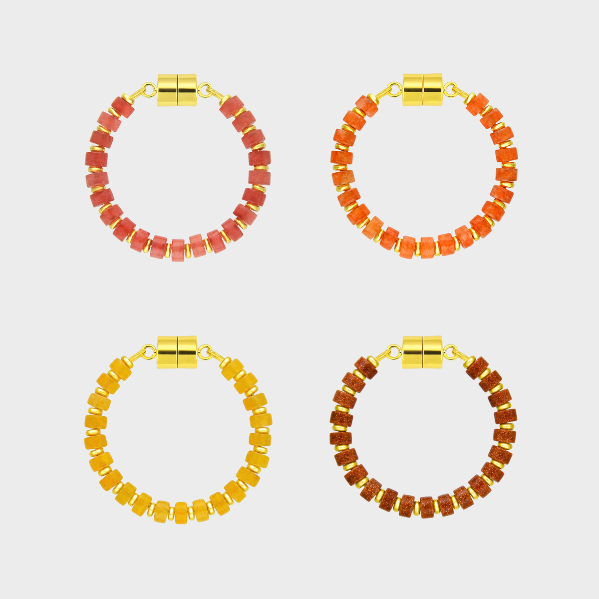 Ember set of 4 magnetic wine charms in Red Carnelian, Mandarin Garnet, Citrine and Sunstone with gold hardware