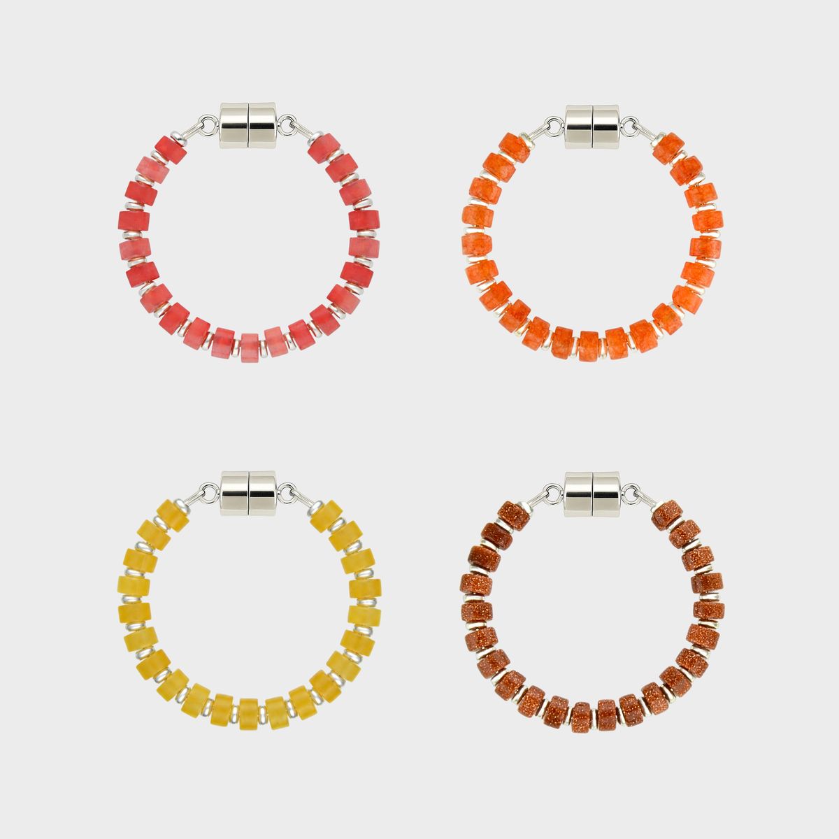 Ember set of 4 magnetic wine charms in Red Carnelian, Mandarin Garnet, Citrine and Sunstone with silver hardware