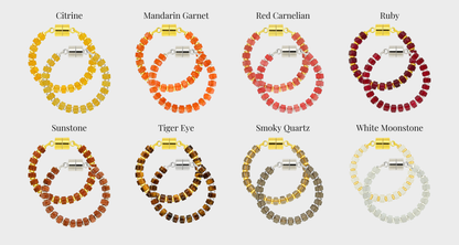 Equinox wine charm set showing each color name: Citrine, Mandarin Garnet, Red Carnelian, Ruby, Sunstone, Tiger Eye, Smoky Quartz and White Moonstone