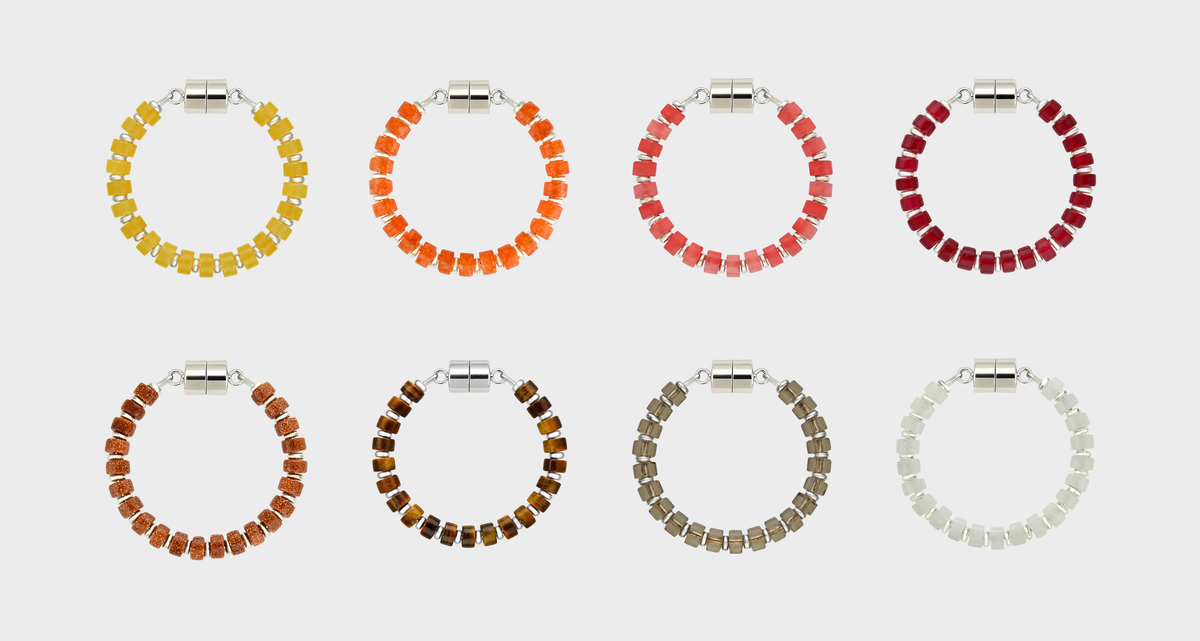 Equinox set of 8 magnetic wine charms in Citrine, Mandarin Garnet, Red Carnelian, Ruby, Sunstone, Tiger Eye, Smoky Quartz and White Moonstone with silver hardware
