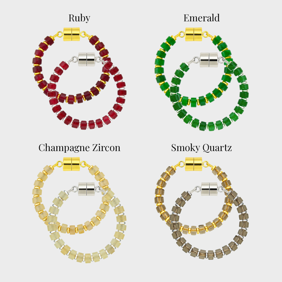 Fireside set of 4 magnetic wine charms in gold and silver showing each color name: Ruby, Emerald, Champagne Zircon and Smoky Quartz