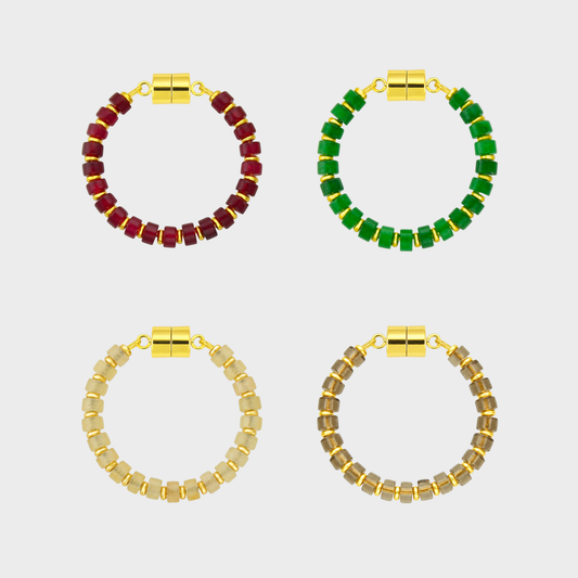 Fireside set of 4 magnetic wine charms in Ruby, Emerald, Champagne Zircon and Smoky Quartz with gold hardware