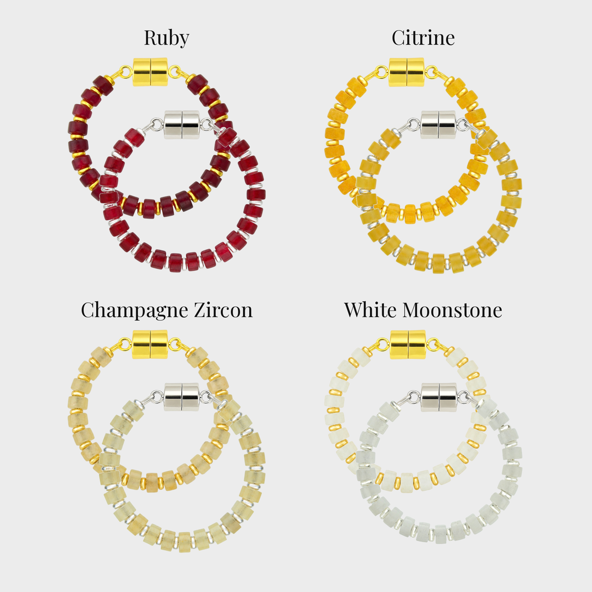 Garnet & Gold wine charm set showing each color name: Ruby, Citrine, Champagne Zircon and White Moonstone