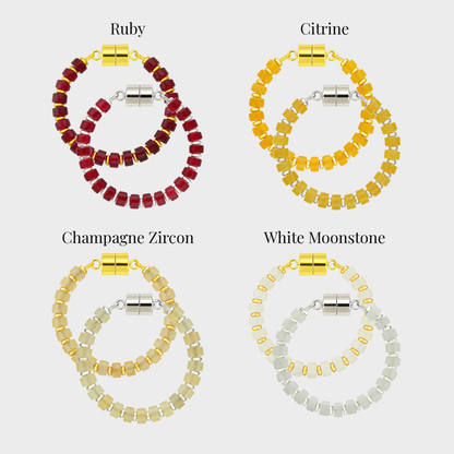 Garnet & Gold wine charm set showing each color name: Ruby, Citrine, Champagne Zircon and White Moonstone