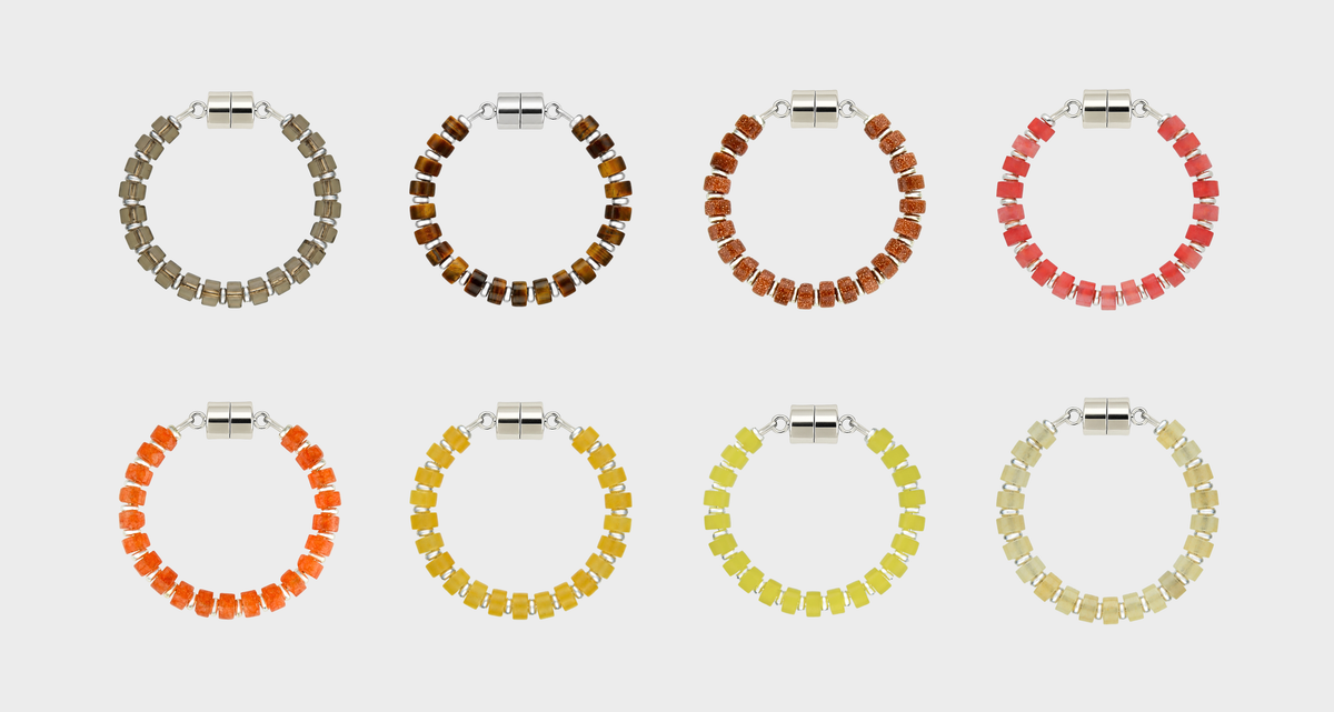 Golden Hour Ombré set of 8 magnetic wine charms in Smoky Quartz, Tiger's Eye, Sunstone, Red Carnelian, Mandarin Garnet, Citrine, Lemon Quartz and Champagne Zircon with silver hardware