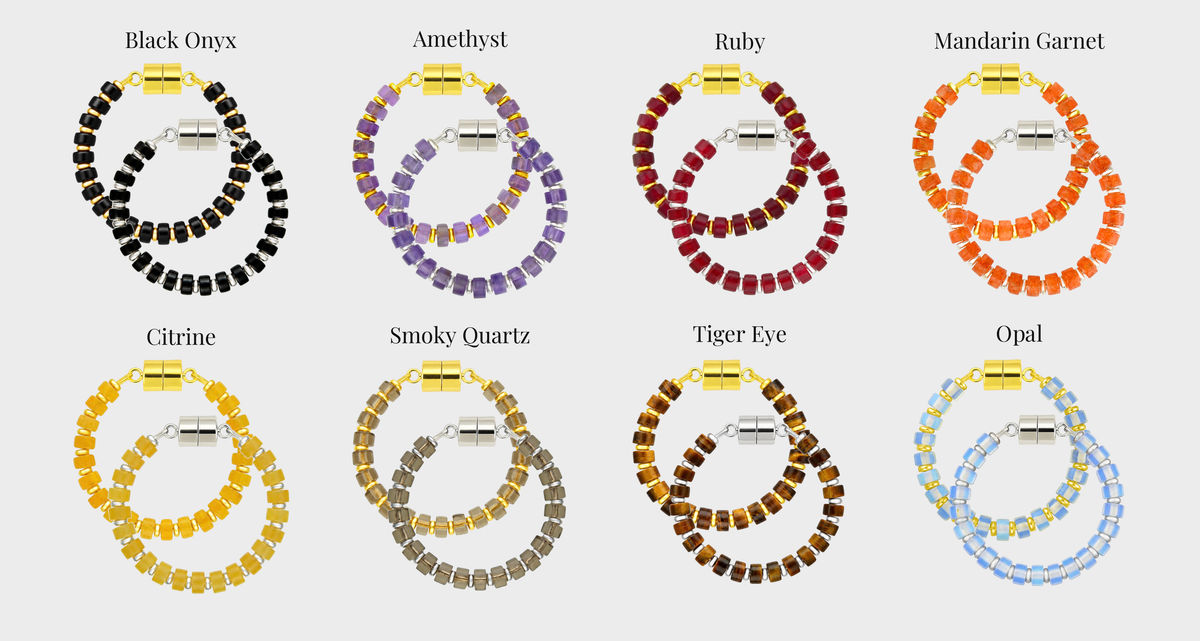 Haunted Manor wine charm set showing each color name: Black Onyx, Amethyst, Ruby, Mandarin Garnet, Citrine, Smoky Quartz, Tiger Eye and Opal