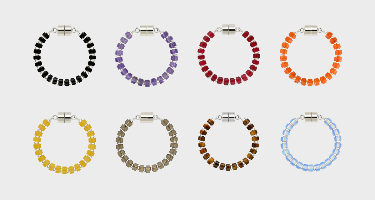 Haunted Manor set of 8 magnetic wine charms in Black Onyx, Amethyst, Ruby, Mandarin Garnet, Citrine, Smoky Quartz, Tiger Eye and Opal with silver hardware